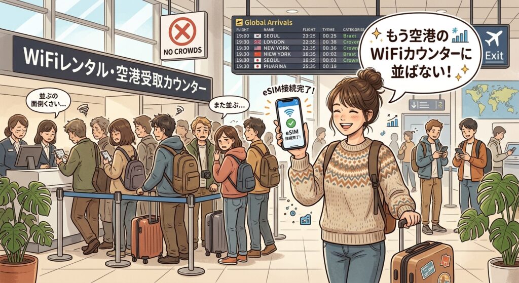 空港のレンタルWiFi受取カウンターに並ぶ旅行者と、eSIMや無人ボックスで身軽に済ませる旅行者を対比したイラスト